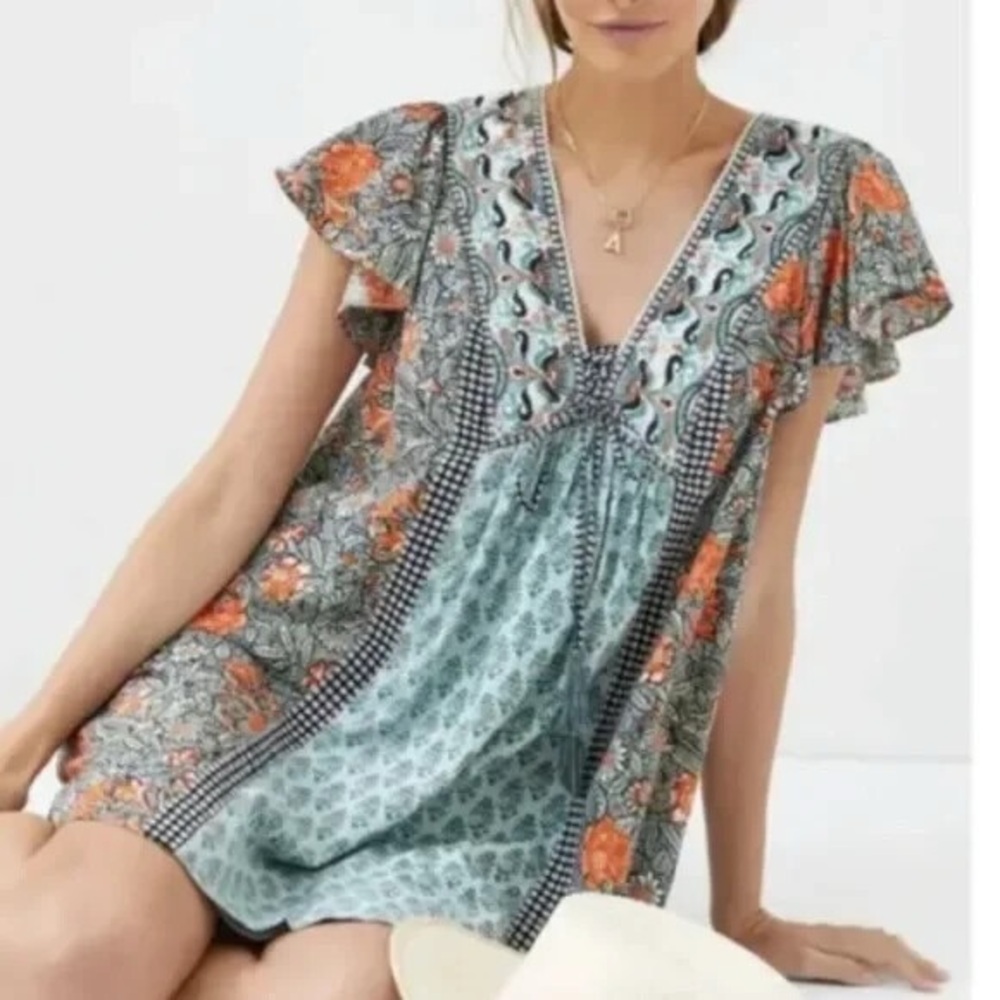 Anthropologie Astrid Tunic Dress Floral Flutter Sleeve Boho Pockets Size L